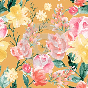 Watercolor illustration Botanical rose pink peach yellow teal and peony bunch foliage ranunculus wild flower leaves collection