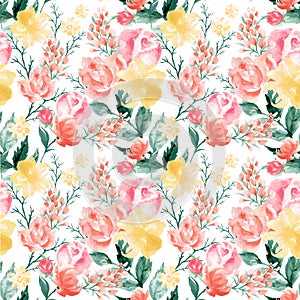 Watercolor illustration Botanical rose pink peach yellow teal and peony bunch foliage ranunculus wild flower leaves collection