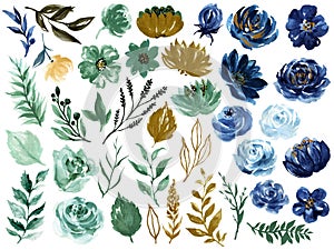 Watercolor illustration Botanical rose teal blue and gold black peony bunch foliage ranunculus wild flower  leaves collection