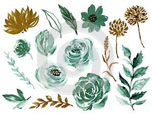 Watercolor illustration Botanical rose teal and gold black peony bunch foliage ranunculus wild flower  leaves collection blossom