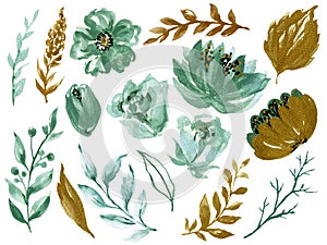 Watercolor illustration Botanical rose teal and gold black peony bunch foliage ranunculus wild flower  leaves collection blossom