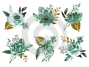 Watercolor illustration Botanical rose teal and gold black peony bunch foliage ranunculus wild flower  leaves collection blossom