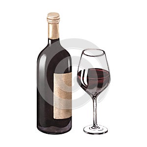 Watercolor illustration of the bottle and one glass of red wine. Picture of a alcoholic drink isolated on the white