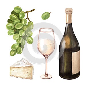 Watercolor illustration of the bottle, one glass wine and green grape. Picture of a alcoholic drink isolated on the