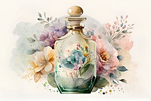 Watercolor illustration of a bottle of perfume with flowers and leaves.