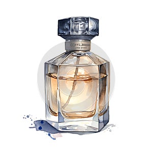 Watercolor illustration of a bottle of perfume on a white background.