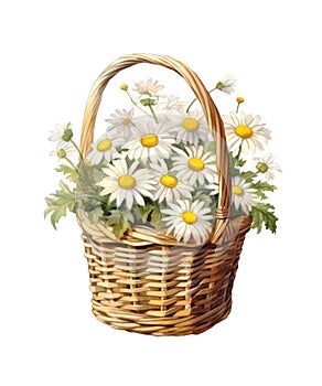 Watercolor illustration of a bouquet of chamomiles in wicker basket.