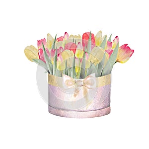 Watercolor illustration of a bouquet of colorful tulips in a box. Bouquet of handmade tulips.