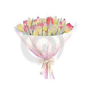 Watercolor illustration of a bouquet of colorful tulips. Bouquet of handmade tulips.