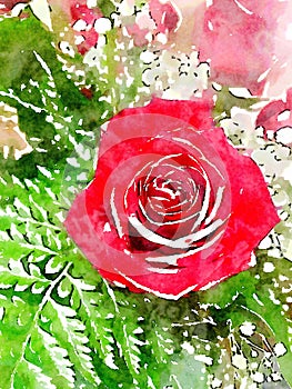 Watercolor illustration of bouquet of flowers featuring a red rose