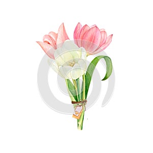 Watercolor illustration of a bouquet of flowers from tulips tied with jute, with a valentine, a tag