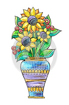 Watercolor illustration with a bouquet of flowers in vase. Colorful picture for design. Hand drawing