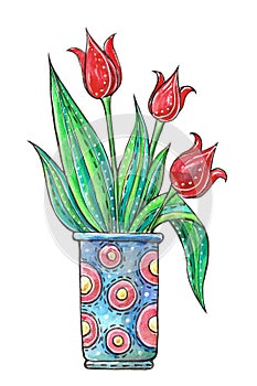 Watercolor illustration with a bouquet of flowers in vase. Colorful picture for design. Hand drawing.
