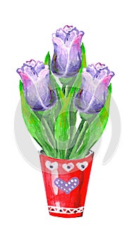 Watercolor illustration bouquet of of purple tulips in a decorative bucket, vase, potted