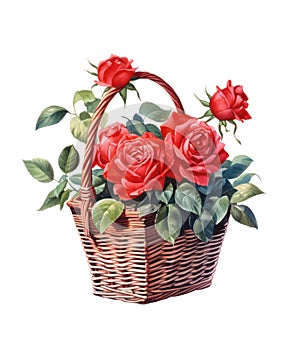 Watercolor illustration of a bouquet of red roses in wicker basket.