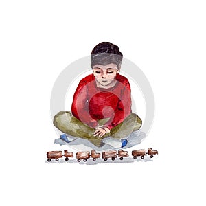 watercolor illustration of a boy character sitting on the floor and playing with typewriters. isolated on a white background