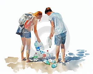Watercolor illustration. Boy and girl cleaning up trash on beach. Waste and ecology. Pollution of the planet. Isolated