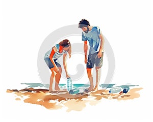 Watercolor illustration. Boy and girl cleaning up trash on beach. Waste and ecology. Pollution of the planet. Isolated