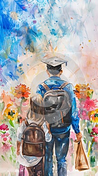 Watercolor illustration of a boy in graduation cap with a girl, education future concept, floral background