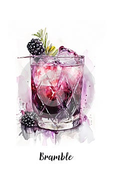 Watercolor illustration of a Bramble cocktail isolated on white