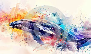 A watercolor illustration of a breaching whale surrounded by splashes of vibrant color