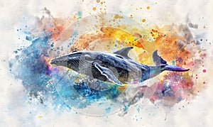 A watercolor illustration of a breaching whale surrounded by splashes of vibrant color