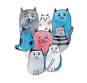 Watercolor illustration of bright cute cats.