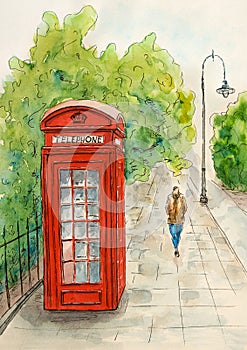 Watercolor illustration with British Red Telephone Booth. Hand drawn city landscape. Watercolor sketch