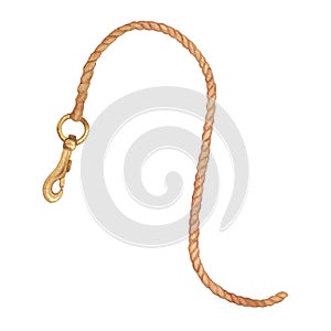 Watercolor illustration of brown cord or rope with a gold carabiner. Equipment for horse riding. Isolated. For cards