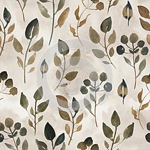 Watercolor illustration of brown leaves. Seamless pattern of dried leaves on beige background