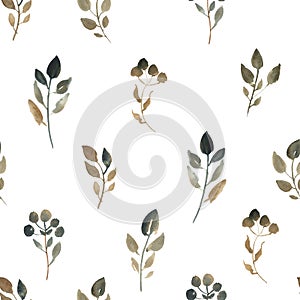 Watercolor illustration of brown leaves. Seamless pattern of dried leaves on white background