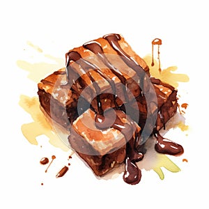 Watercolor Illustration Of Brownies With Chocolate Sauce