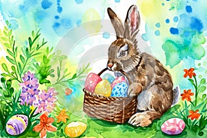 watercolor illustration of a bunny holding a basket of Easter eggs, with a beautiful garden in the background.