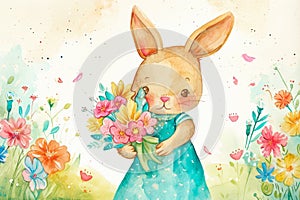 watercolor illustration of a bunny holding a bouquet of flowers, with a beautiful garden in the background