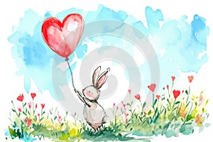 watercolor illustration of a bunny holding a heart-shaped balloon, with a beautiful garden in the background.