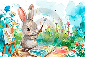 watercolor illustration of a bunny holding a paintbrush, with a beautiful garden in the background