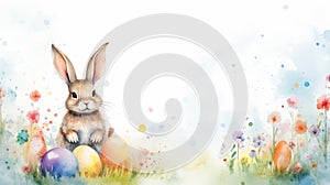 Watercolor illustration. Bunny with pastel colored Easter eggs and delicate wildflowers on white background. Charming springtime