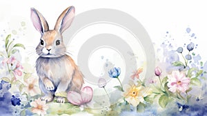 Watercolor illustration. Bunny with pastel colored Easter eggs and delicate wildflowers on white background. Charming springtime