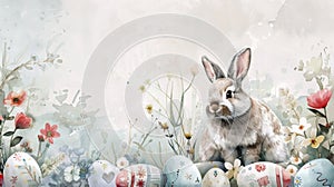 Watercolor illustration. Bunny with pastel colored Easter eggs and delicate wildflowers on white background. Charming springtime