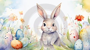 Watercolor illustration. Bunny with pastel colored Easter eggs and delicate wildflowers on white background. Charming springtime