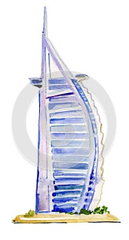 Watercolor illustration. Burj Al Arab hotel on Jumeirah beach in Dubai.