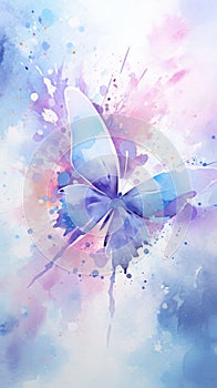 Watercolor illustration of butterfly on pastel delicate blue pink purple background with watercolor splashes and stains