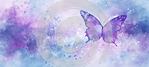 Watercolor illustration of butterfly on pastel delicate blue pink purple background with watercolor splashes and stains