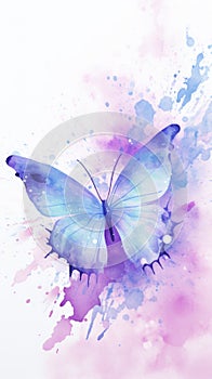 Watercolor illustration of butterfly on pastel delicate blue pink purple background with watercolor splashes and stains