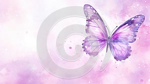 Watercolor illustration of butterfly on pastel delicate pink purple background with watercolor splashes and stains