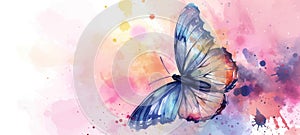 Watercolor illustration of butterfly on vibrant pink background. Banner with copy space. The concept of delicate beauty