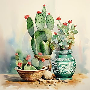 Watercolor Illustration Of Cactus And Pots In Traditional Oil-painting Style