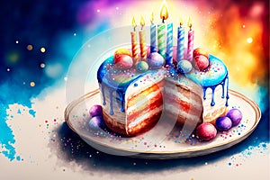 Watercolor illustration of cake birthday decorations
