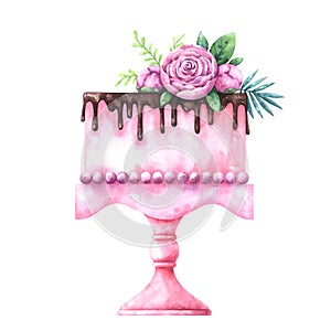 Watercolor illustration of cake with chocolate glaze and decorated with roses and plants