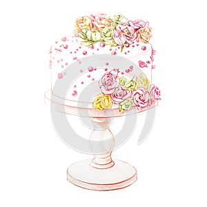 Watercolor illustration of cake with flowers. Perfect for invitation, wedding or greeting cards.